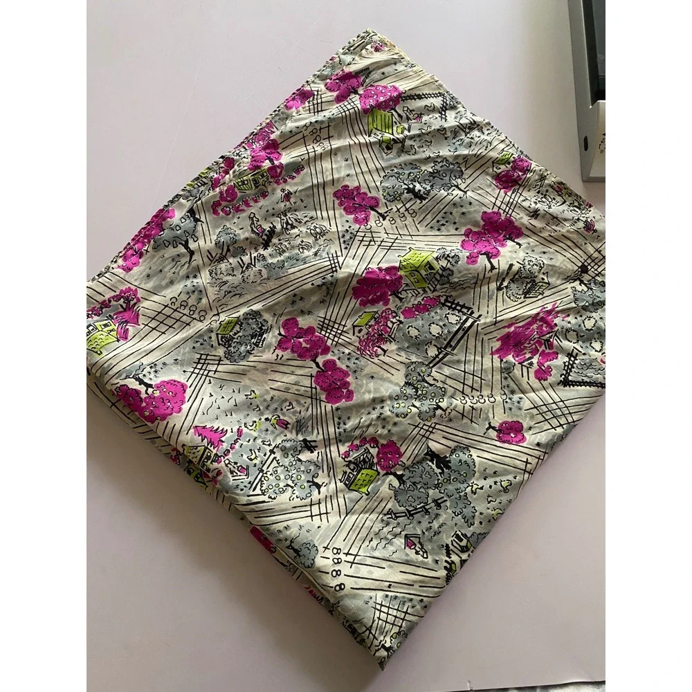 Vintage Village Landscape Square Scarf Pink Green Novelty Print‎ 27x27 MCM Retro